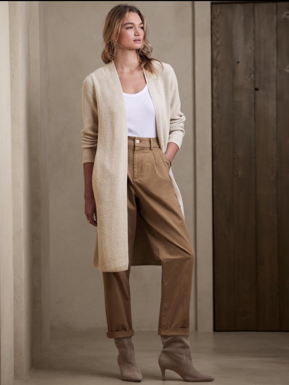 Banana Republic Open-Front Long Cardigan in Oatmeal Cream Light Beige sz M
